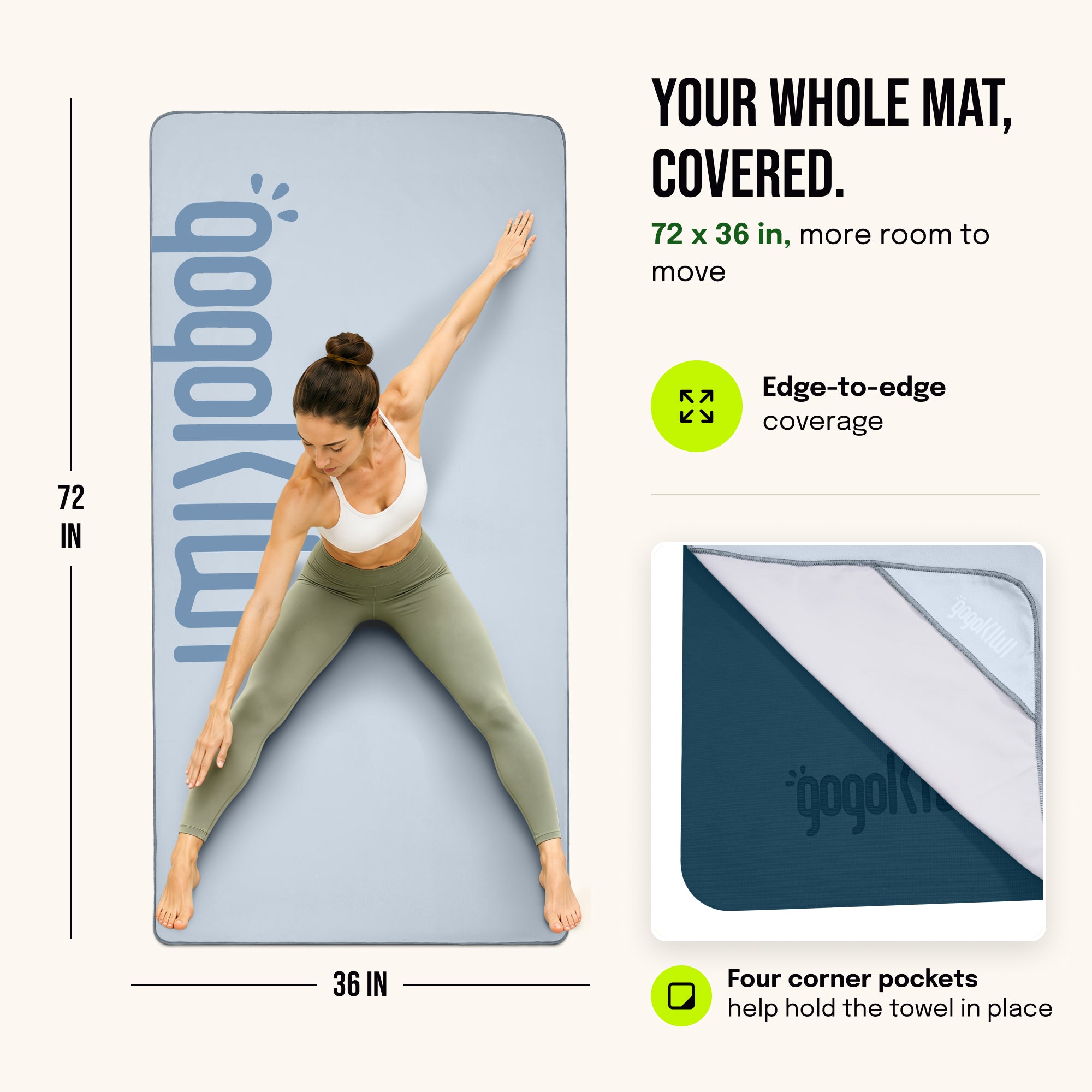 Gogokiwi Yoga Mat and Towel Set with Strap, 72 x 36 in, Non Slip Pilates