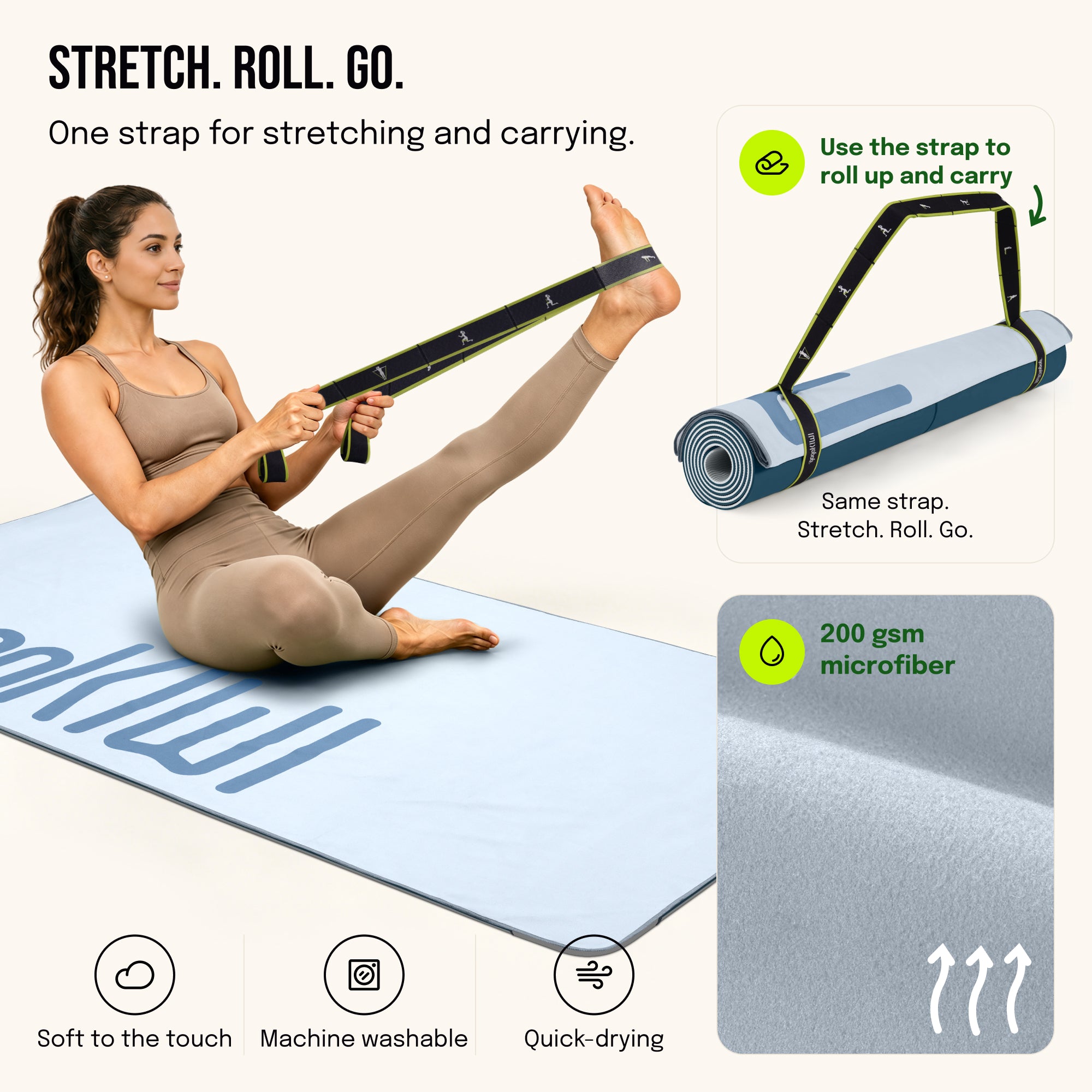 Gogokiwi Yoga Mat and Towel Set with Strap, 72 x 36 in, Non Slip Pilates